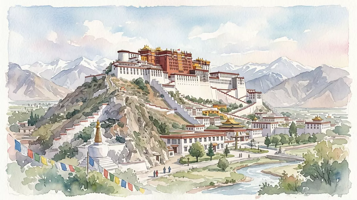 Aquarell-Illustration von Potala-Palast Lhasa in Lhasa, China als Reiseposter