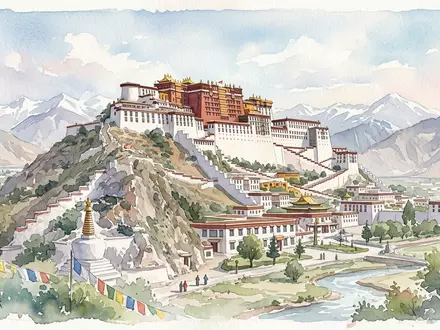 Aquarellillustration des Wahrzeichens Potala-Palast Lhasa in Lhasa China, weiche Farbverläufe und pastelliges Reiseposter-Feeling - Foto: THN