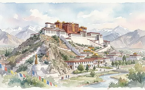 Aquarellillustration des Wahrzeichens Potala-Palast Lhasa in Lhasa China, weiche Farbverläufe und pastelliges Reiseposter-Feeling - Foto: THN