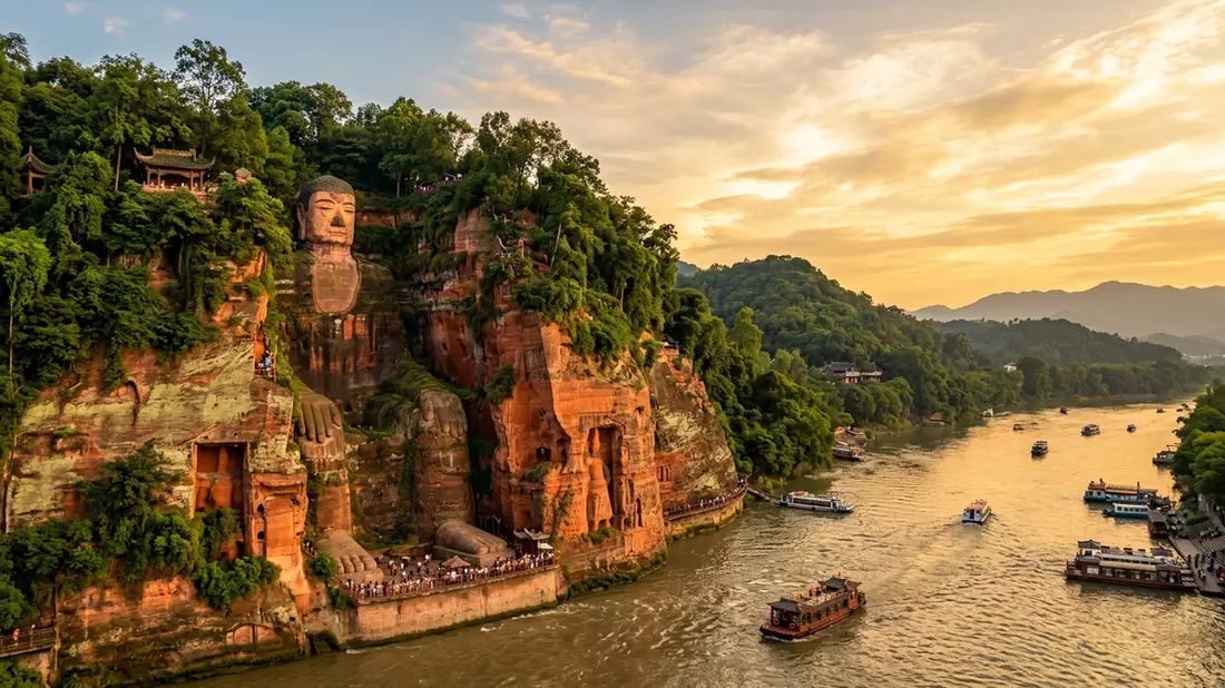 Fotorealistische Ansicht von Leshan Großer Buddha in Leshan, China im Abendlicht