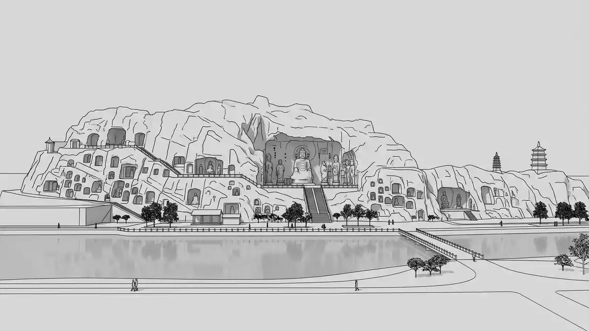 Architektur-Render von Longmen-Grotten in Luoyang, China bei Tageslicht