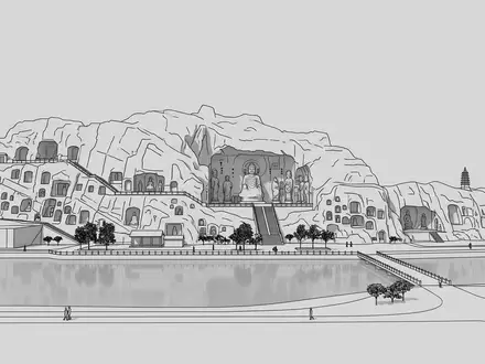 Moderner Architektur-Render zeigt Silhouette von Longmen-Grotten in Luoyang China, klare Linien und neutrales Tageslicht - Foto: THN