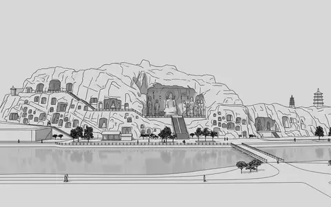 Moderner Architektur-Render zeigt Silhouette von Longmen-Grotten in Luoyang China, klare Linien und neutrales Tageslicht - Foto: THN