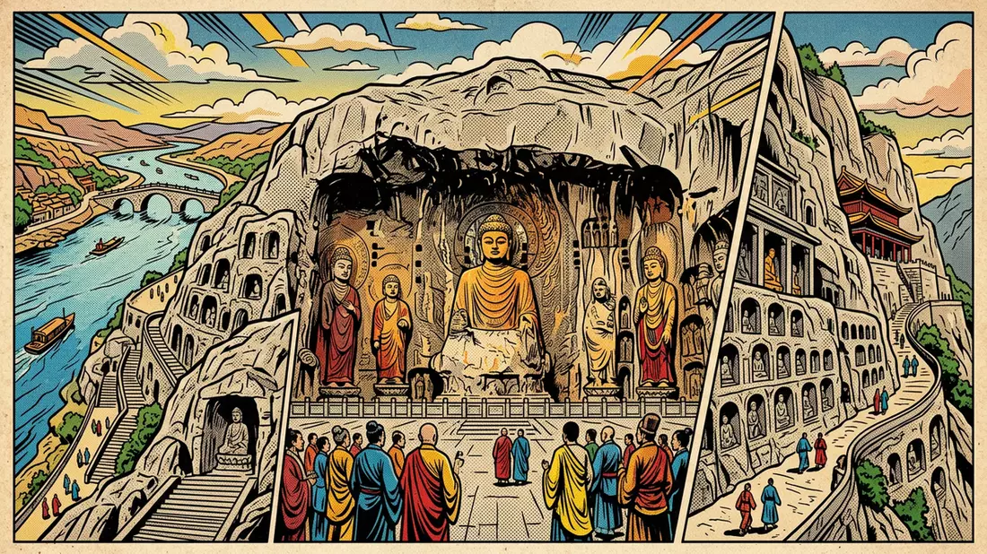Pop-Art-Comic von Longmen-Grotten in Luoyang, China mit Rasterpunkten