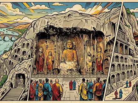 Pop-Art-Comicillustration des Wahrzeichens Longmen-Grotten in Luoyang China, kraeftige Konturen Rasterpunkte und satte Farben - Foto: THN