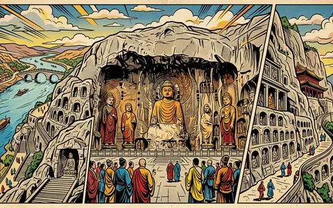 Pop-Art-Comicillustration des Wahrzeichens Longmen-Grotten in Luoyang China, kraeftige Konturen Rasterpunkte und satte Farben - Foto: THN
