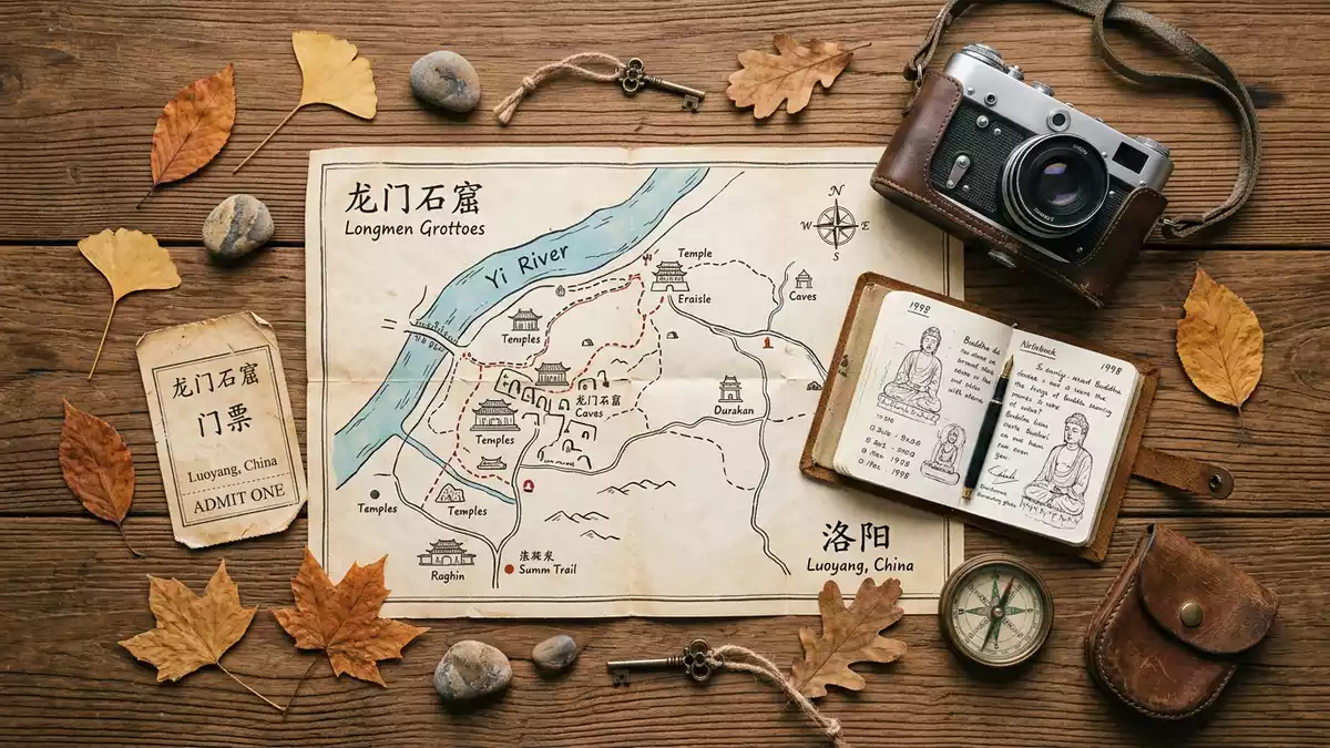 Flatlay-Reise-Arrangement rund um Longmen-Grotten in Luoyang, China
