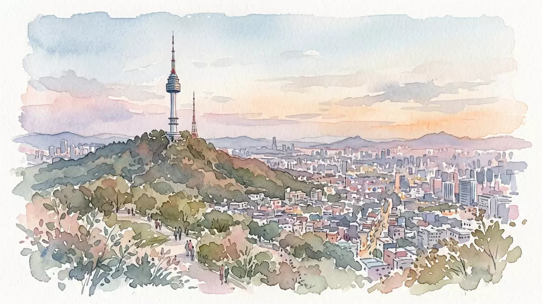 Aquarell-Illustration von N Seoul Tower in Seoul, Südkorea als Reiseposter