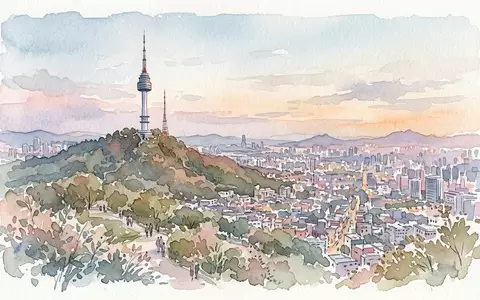 Aquarellillustration des Wahrzeichens N Seoul Tower in Seoul Südkorea, weiche Farbverläufe und pastelliges Reiseposter-Feeling - Foto: THN