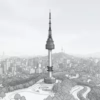 Moderner Architektur-Render zeigt Silhouette von N Seoul Tower in Seoul Südkorea, klare Linien und neutrales - Foto: THN