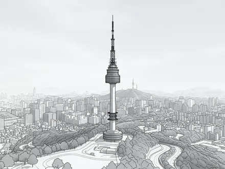 Moderner Architektur-Render zeigt Silhouette von N Seoul Tower in Seoul Südkorea, klare Linien und neutrales - Foto: THN