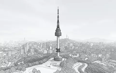 Moderner Architektur-Render zeigt Silhouette von N Seoul Tower in Seoul Südkorea, klare Linien und neutrales - Foto: THN