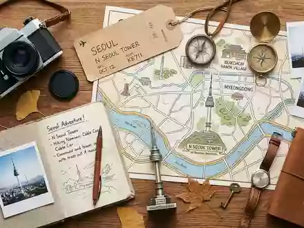 Flatlay-Reise-Arrangement rund um N Seoul Tower in Seoul Südkorea, Karte Kompass Kamera und generische Reiserequisiten - Foto: THN