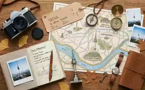 Flatlay-Reise-Arrangement rund um N Seoul Tower in Seoul Südkorea, Karte Kompass Kamera und generische Reiserequisiten - Foto: THN