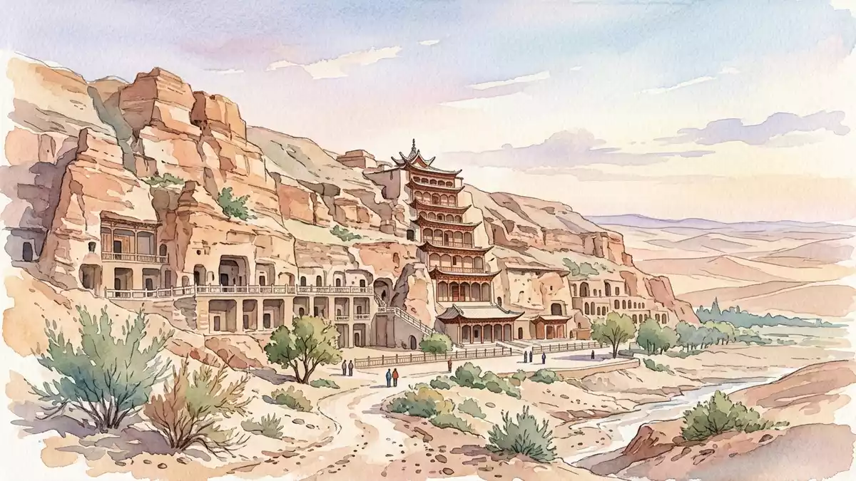 Aquarell-Illustration von Mogao-Grotten Dunhuang in Dunhuang, China als Reiseposter