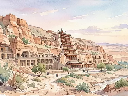 Aquarellillustration des Wahrzeichens Mogao-Grotten Dunhuang in Dunhuang China, weiche Farbverläufe und pastelliges Reiseposter-Feeling - Foto: THN