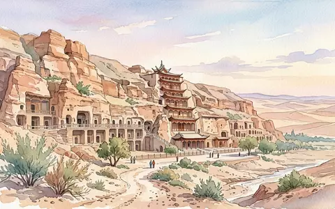 Aquarellillustration des Wahrzeichens Mogao-Grotten Dunhuang in Dunhuang China, weiche Farbverläufe und pastelliges Reiseposter-Feeling - Foto: THN