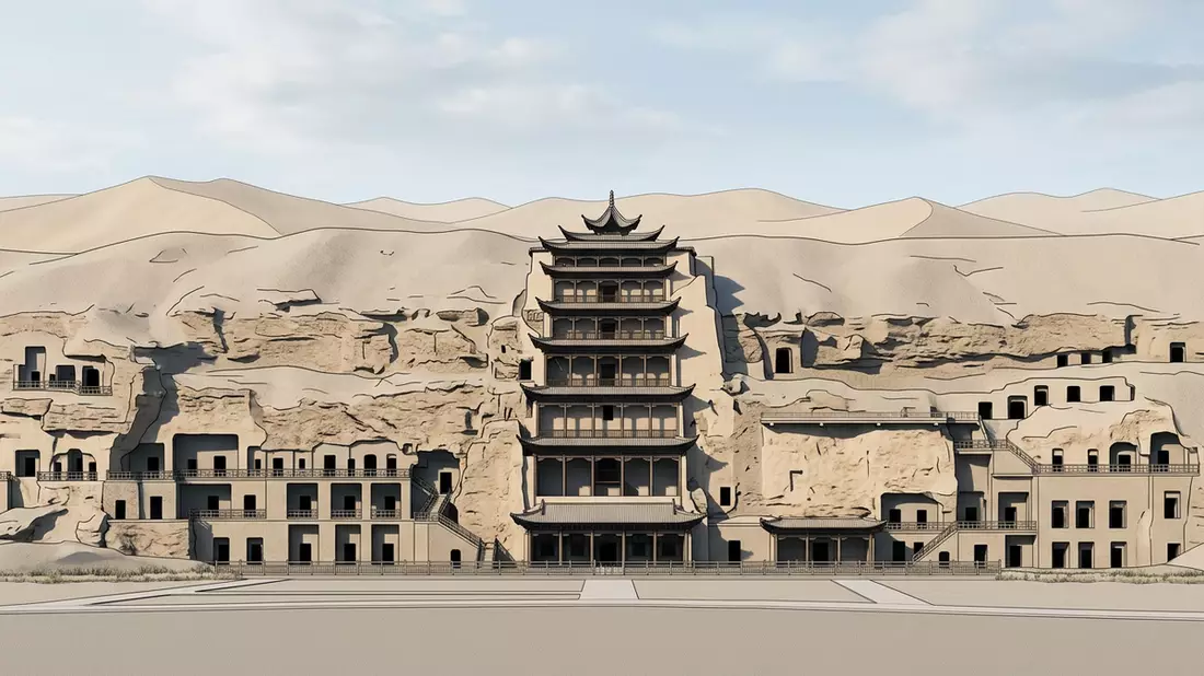 Architektur-Render von Mogao-Grotten Dunhuang in Dunhuang, China bei Tageslicht