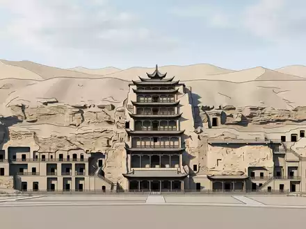 Moderner Architektur-Render zeigt Silhouette von Mogao-Grotten Dunhuang in Dunhuang China, klare Linien und neutrales Tageslicht - Foto: THN