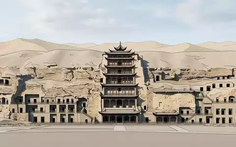 Moderner Architektur-Render zeigt Silhouette von Mogao-Grotten Dunhuang in Dunhuang China, klare Linien und neutrales Tageslicht - Foto: THN