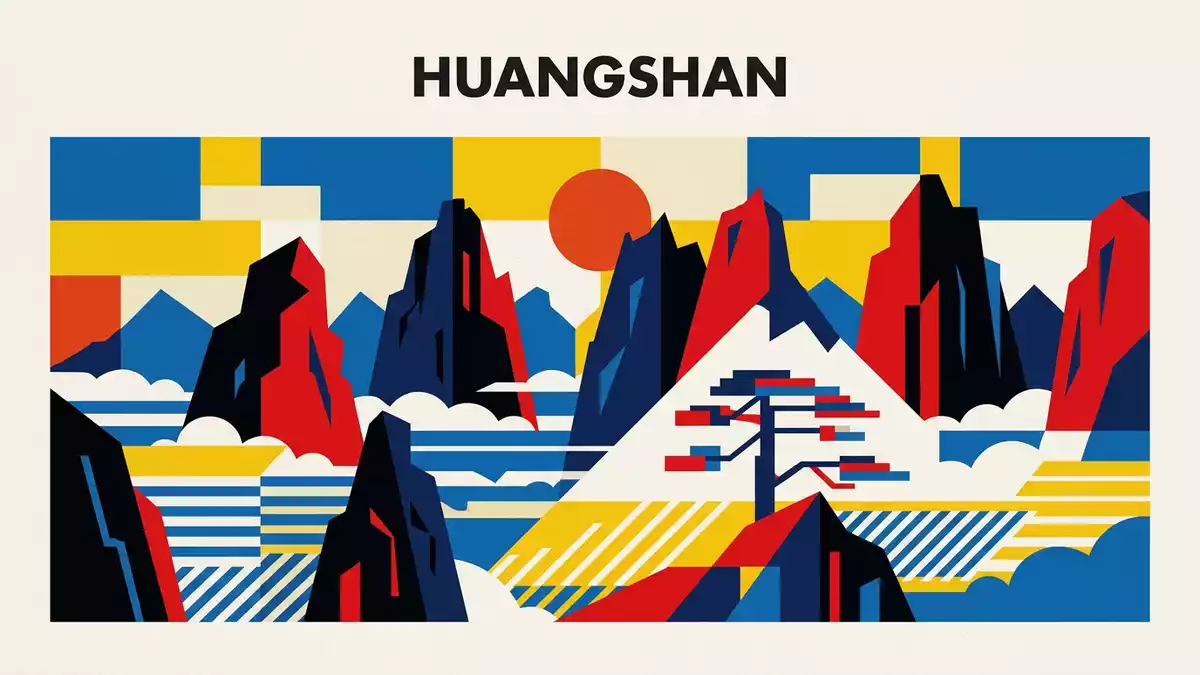 Bauhaus-Poster als Abstraktion von Gelber Berg Huangshan in Huangshan, China