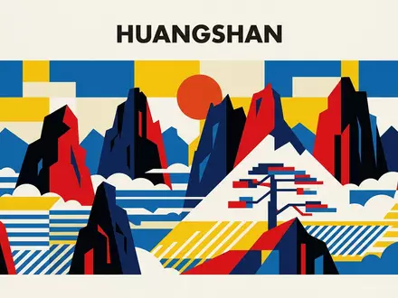 Bauhaus-Poster als geometrische Abstraktion von Gelber Berg Huangshan in Huangshan China, kraeftige Grundfarben und harte - Foto: THN