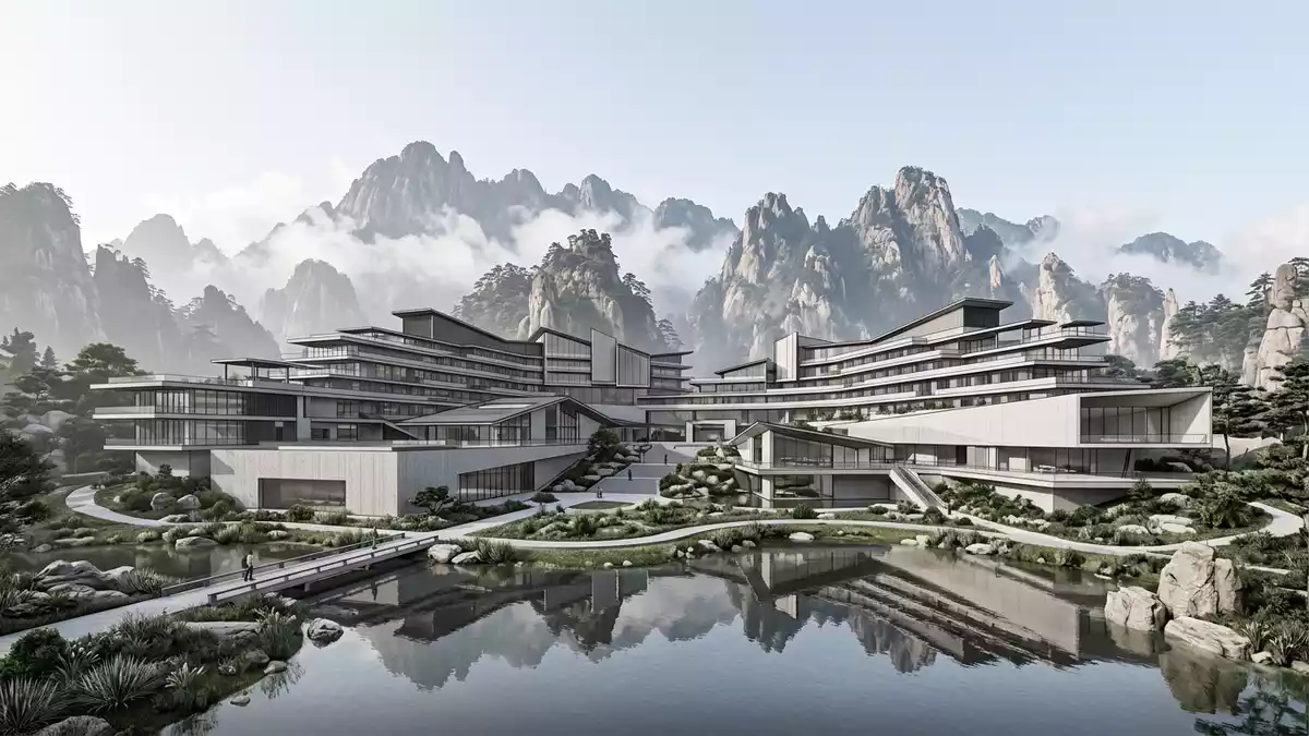 Architektur-Render von Gelber Berg Huangshan in Huangshan, China bei Tageslicht