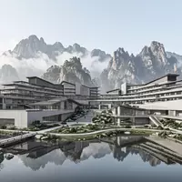 Moderner Architektur-Render zeigt Silhouette von Gelber Berg Huangshan in Huangshan China, klare Linien und neutrales - Foto: THN