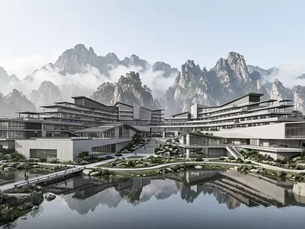 Moderner Architektur-Render zeigt Silhouette von Gelber Berg Huangshan in Huangshan China, klare Linien und neutrales - Foto: THN