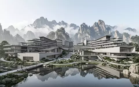 Moderner Architektur-Render zeigt Silhouette von Gelber Berg Huangshan in Huangshan China, klare Linien und neutrales - Foto: THN