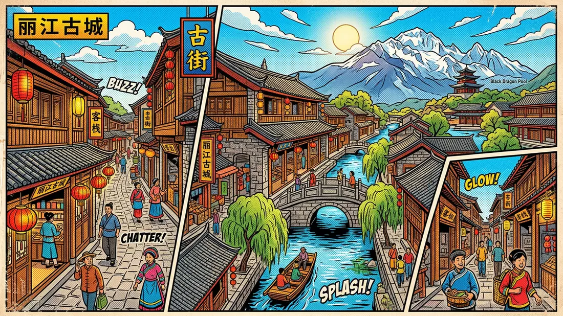 Pop-Art-Comic von Altstadt Lijiang in Lijiang, China mit Rasterpunkten