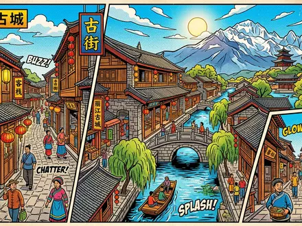 Pop-Art-Comicillustration des Wahrzeichens Altstadt Lijiang in Lijiang China, kraeftige Konturen Rasterpunkte und satte Farben - Foto: THN