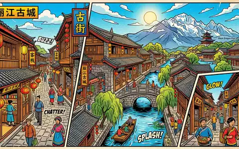 Pop-Art-Comicillustration des Wahrzeichens Altstadt Lijiang in Lijiang China, kraeftige Konturen Rasterpunkte und satte Farben - Foto: THN