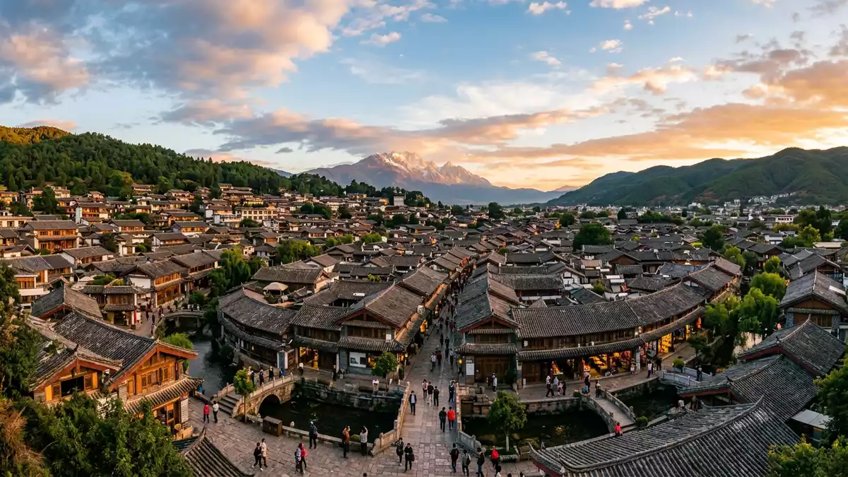 Fotorealistische Ansicht von Altstadt Lijiang in Lijiang, China im Abendlicht