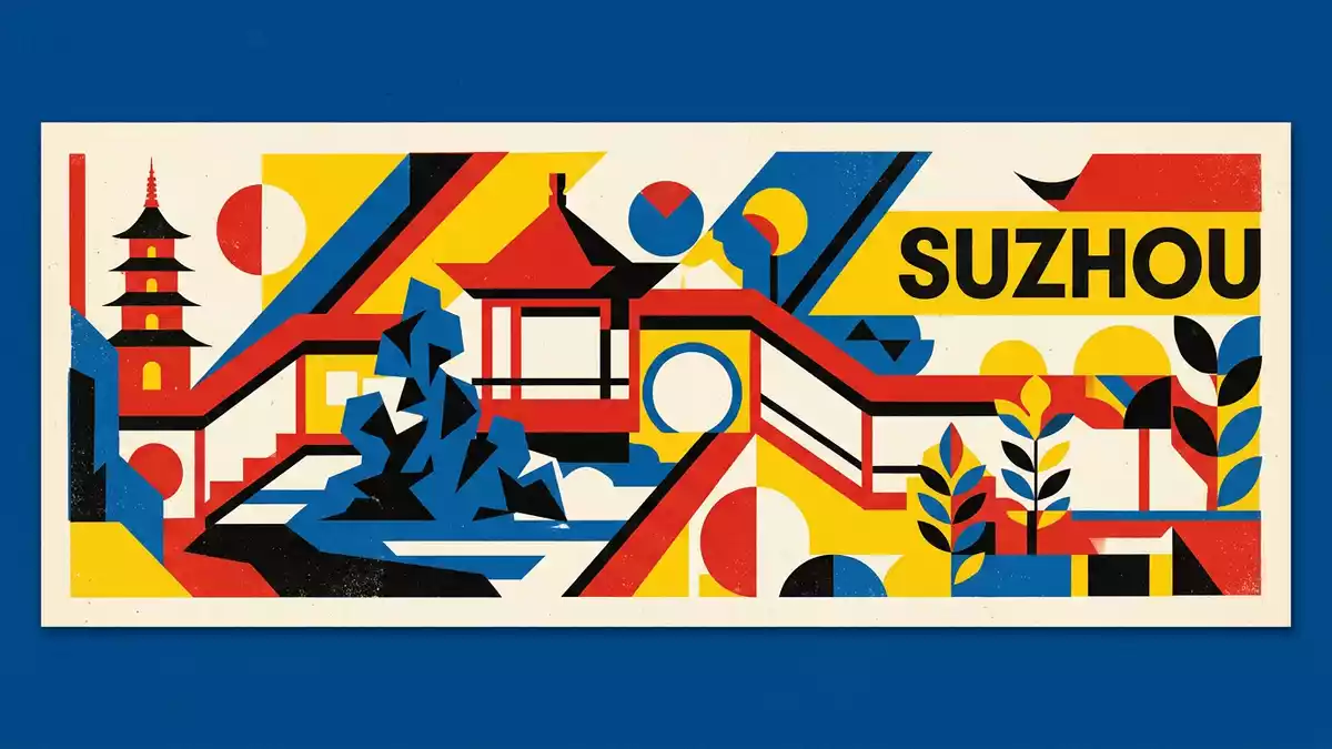 Bauhaus-Poster als Abstraktion von Klassische Gärten von Suzhou in Suzhou, China
