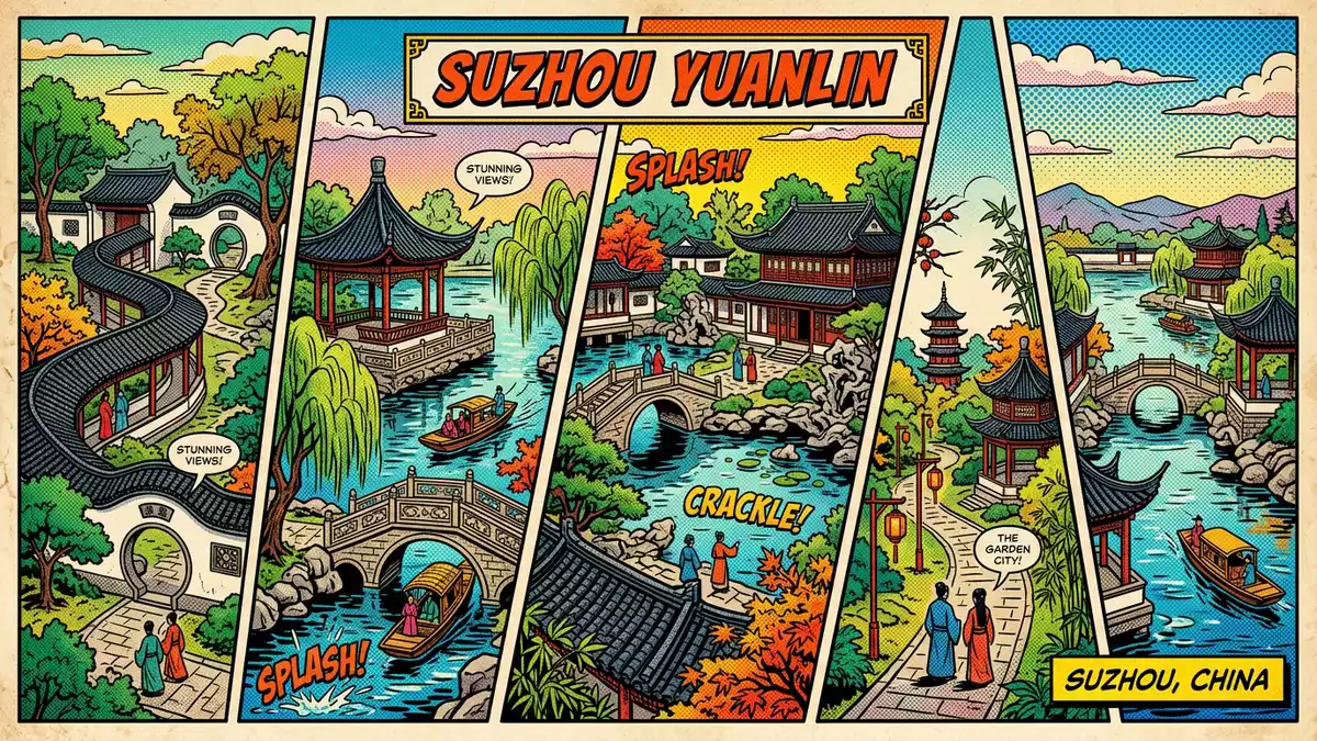 Pop-Art-Comic von Klassische Gärten von Suzhou in Suzhou, China mit Rasterpunkten