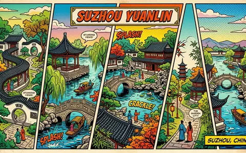 Pop-Art-Comicillustration des Wahrzeichens Klassische GĂ€rten von Suzhou in Suzhou China, kraeftige Konturen Rasterpunkte und satte - Foto: THN