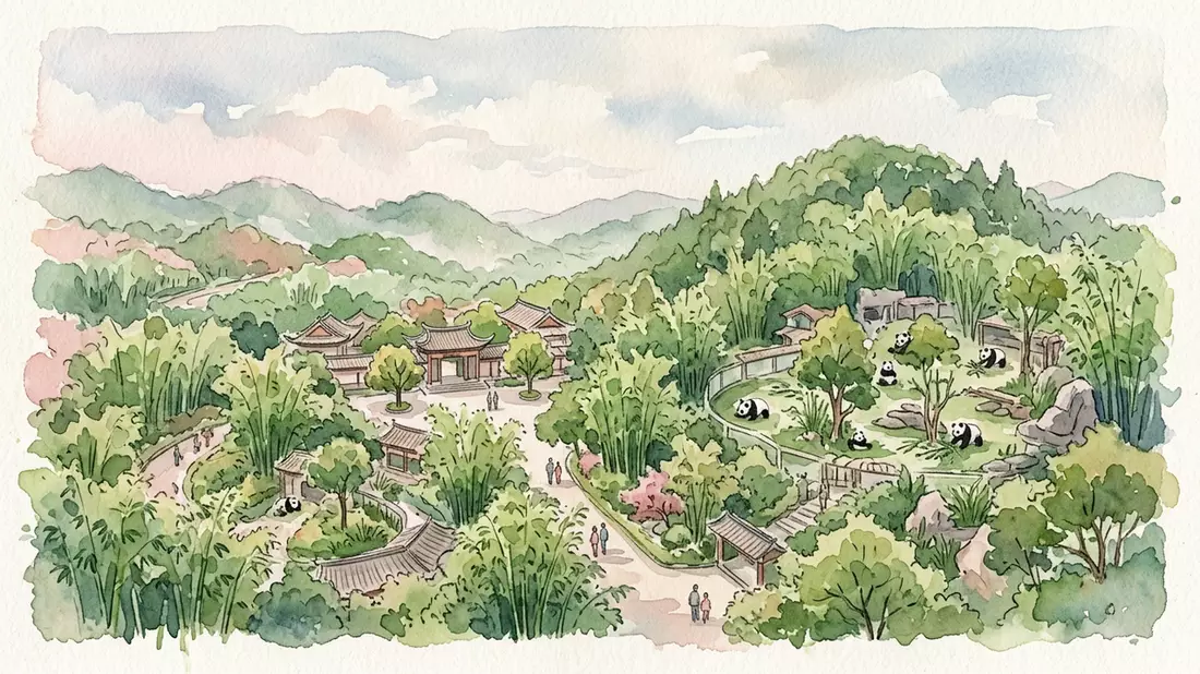 Aquarell-Illustration von Chengdu Panda Base in Chengdu, China als Reiseposter