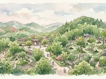 Aquarellillustration des Wahrzeichens Chengdu Panda Base in Chengdu China, weiche Farbverläufe und pastelliges Reiseposter-Feeling - Foto: THN