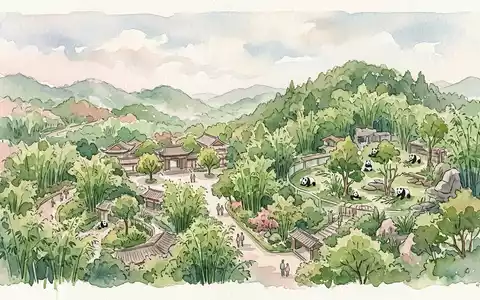 Aquarellillustration des Wahrzeichens Chengdu Panda Base in Chengdu China, weiche Farbverläufe und pastelliges Reiseposter-Feeling - Foto: THN
