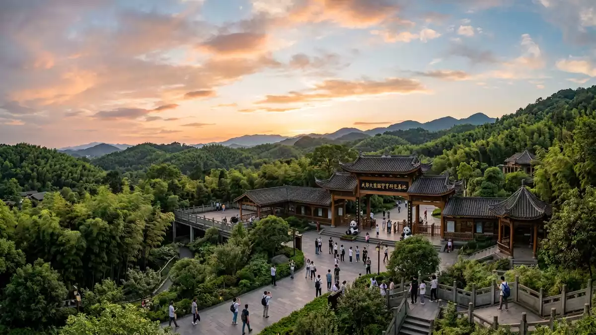 Fotorealistische Ansicht von Chengdu Panda Base in Chengdu, China im Abendlicht