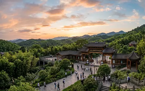 Fotorealistische Panoramaaufnahme von Chengdu Panda Base in Chengdu China, warmes Abendlicht auf Wahrzeichen - Foto: THN