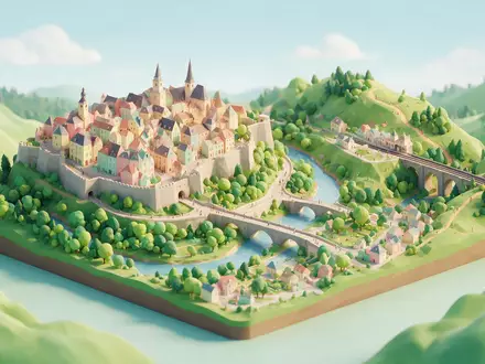 Isometrisches Diorama von Altstadt Luxemburg und Umgebung in Luxemburg Luxemburg, verspielte Low-Poly-Kulisse in Pastellfarben - Foto: THN