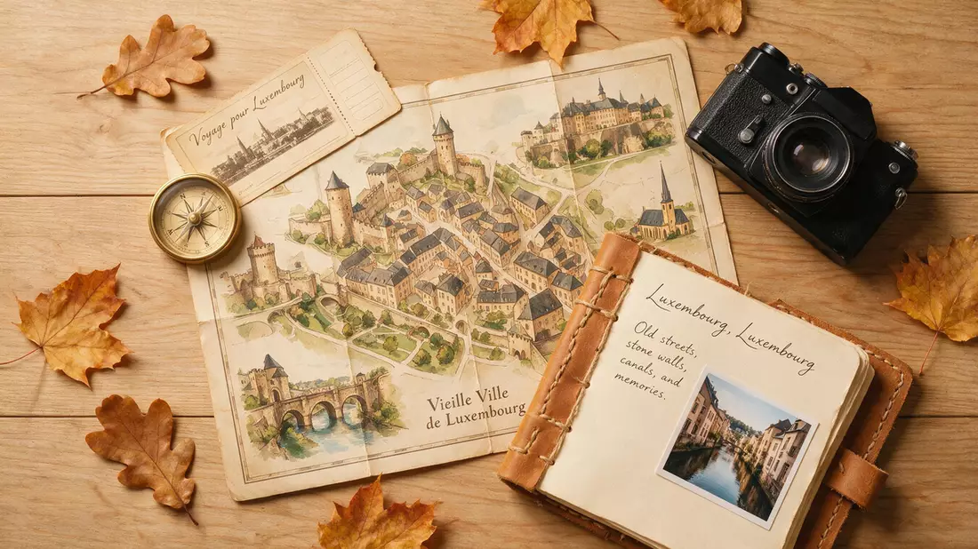 Flatlay-Reise-Arrangement rund um Altstadt Luxemburg in Luxemburg, Luxemburg