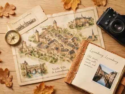 Flatlay-Reise-Arrangement rund um Altstadt Luxemburg in Luxemburg Luxemburg, Karte Kompass Kamera und generische Reiserequisiten - Foto: THN