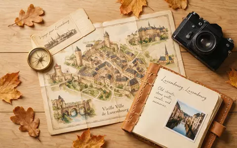 Flatlay-Reise-Arrangement rund um Altstadt Luxemburg in Luxemburg Luxemburg, Karte Kompass Kamera und generische Reiserequisiten - Foto: THN