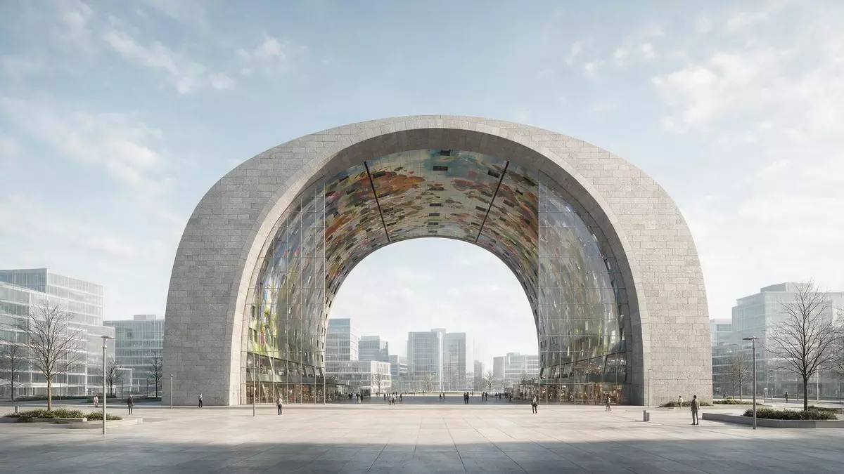 Architektur-Render von Markthal Rotterdam in Rotterdam, Niederlande bei Tageslicht