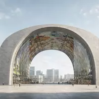 Moderner Architektur-Render zeigt Silhouette von Markthal Rotterdam in Rotterdam Niederlande, klare Linien und neutrales Tageslicht - Foto: THN