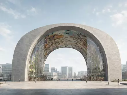 Moderner Architektur-Render zeigt Silhouette von Markthal Rotterdam in Rotterdam Niederlande, klare Linien und neutrales Tageslicht - Foto: THN