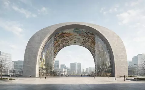 Moderner Architektur-Render zeigt Silhouette von Markthal Rotterdam in Rotterdam Niederlande, klare Linien und neutrales Tageslicht - Foto: THN